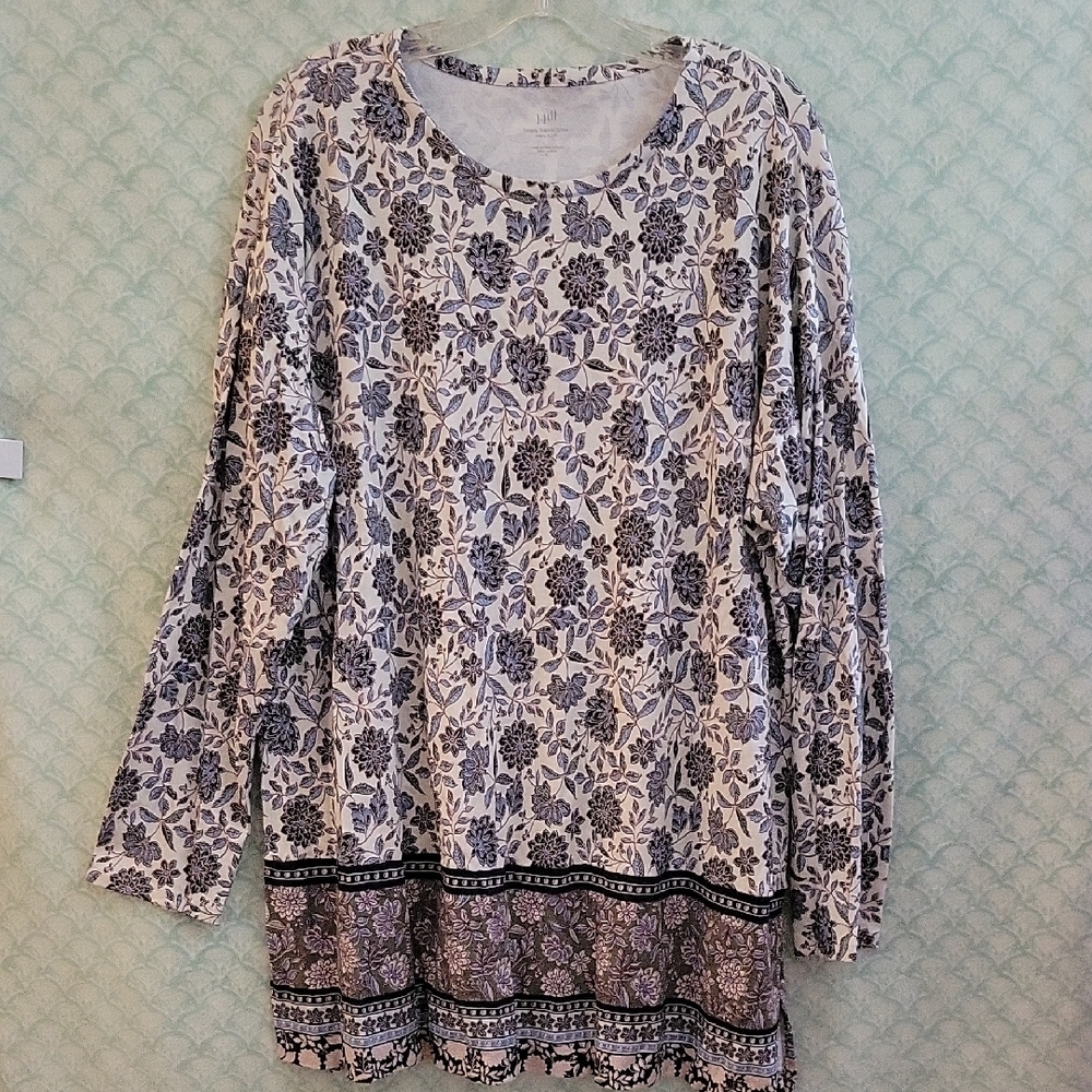 J. Jill Navy Blue and Offwhite Floral Boxy Long Sleeve Top / Tunic Size XL